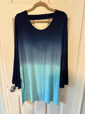 Women's Ombre Scoop Neck Long Sleeve bathing suit cover up - Blue